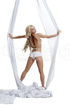 Sexy topless blonde posing with aerial silk