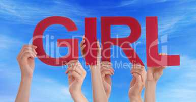 Many People Hands Holding Red Straight Word Girl Blue Sky