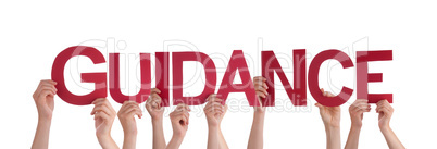 Many People Hands Holding Red Straight Word Guidance