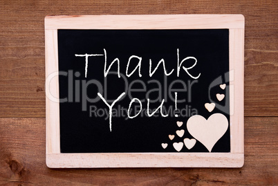 Blackboard With Wooden Hearts, Text Thank You