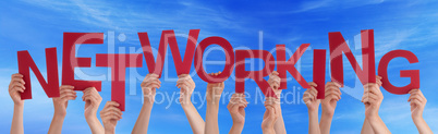 Many People Hands Holding Red Word Networking Blue Sky