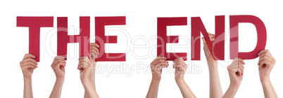 People Hands Holding Red Straight Word The End