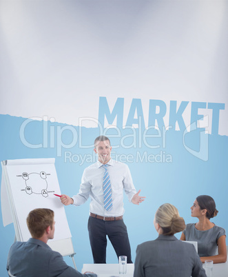 Composite image of manager presenting whiteboard to his colleagu