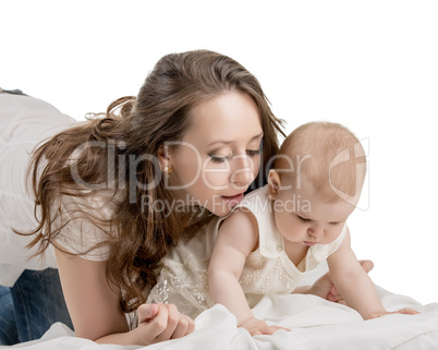 Mom playing with baby, isolated on white backdrop