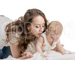 Mom playing with baby, isolated on white backdrop