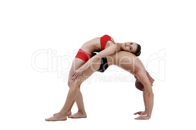 Paired yoga training, isolated on white backdrop