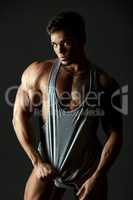 Advertising underwear. Hot muscular male model
