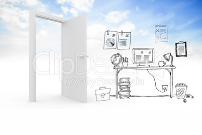 Doodle office in clouds with door