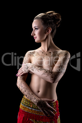 Mehndi. Nice topless brunette with floral pattern