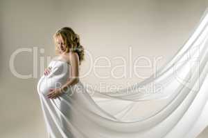 Pregnant woman in elegant dress with flying plume