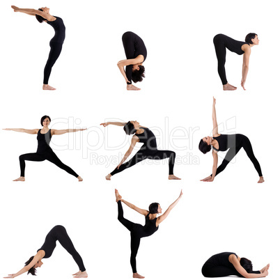 Collage of different yoga poses by pretty woman