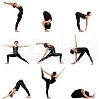Collage of different yoga poses by pretty woman