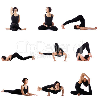Collection of brunette doing stretching exercises