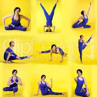 Set of different yoga poses by happy young woman
