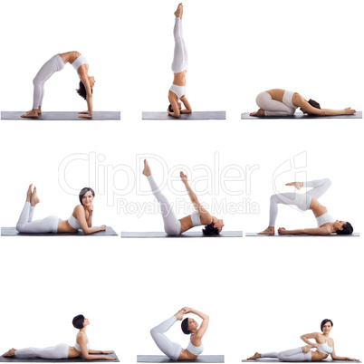 Collage of many aerobics poses by female athlete