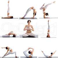 Set of yoga poses by slim woman, isolated on white