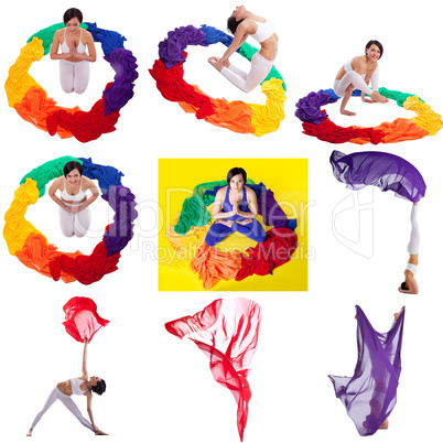 Photo collage. Pretty woman doing yoga with cloth
