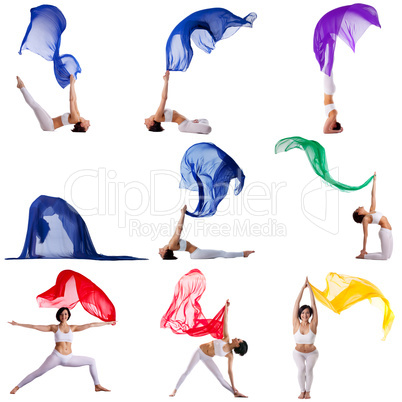 Collection of gymnast exercising with flying cloth