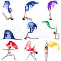 Collection of gymnast exercising with flying cloth