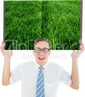 Man holding lawn book