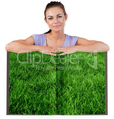 Woman with lawn book