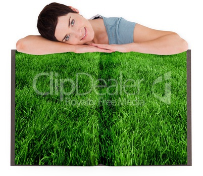 Woman with lawn book