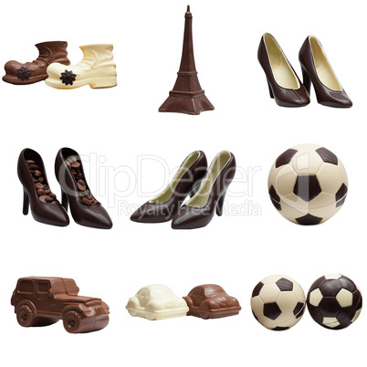 Collage of various chocolate figures. Studio photo