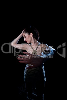 Shibari. Woman tied with rope showing gesture stop
