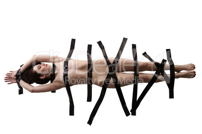 Naked woman with duct tape. Censorship concept