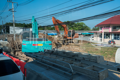 Image of excavation works in city. Thailand