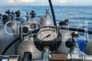 Scuba diving. Pressure meter of oxygen cylinders