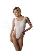 Blonde with bob haircut posing in sexy bodysuit