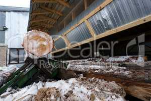 Sawmill in winter. Image of log under roof