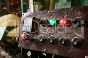 At sawmill. Control panel with luminous indicators