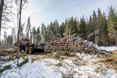 Image of truck loading logs in winter forest