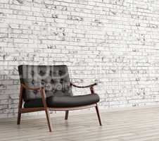 Black armchair against of brick wall 3d rendering