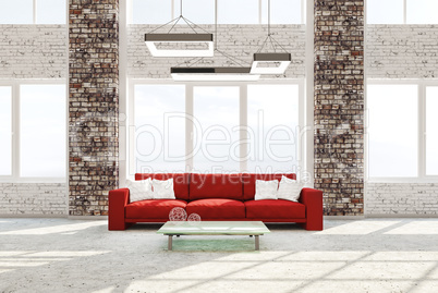 Interior of living room with red sofa 3d rendering