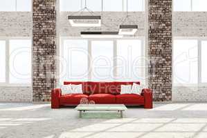 Interior of living room with red sofa 3d rendering