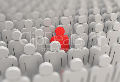 A red person in a crowd of people