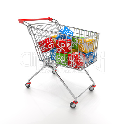 shopping cart with colorful cubes of percent