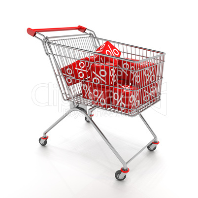 shopping cart with red cubes of percent