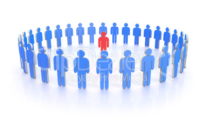Circle of people in blue with leader in red