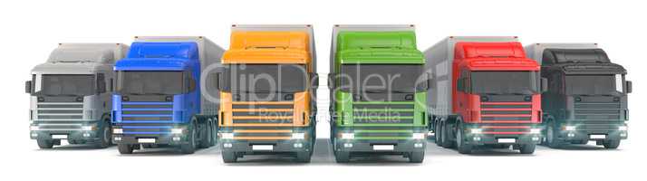 six colorful cargo trucks parked in a row