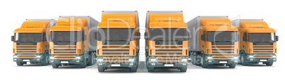 six orange cargo trucks parked in a row