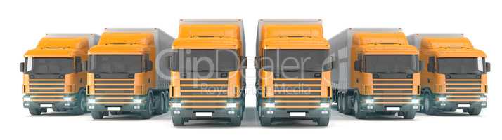 six orange cargo trucks parked in a row