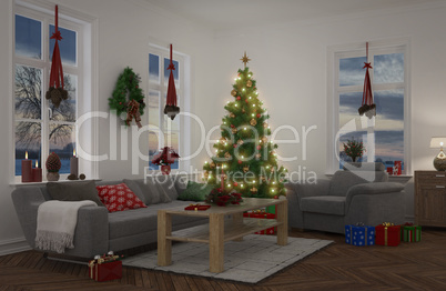 3d - apartment decorated for christmas - night