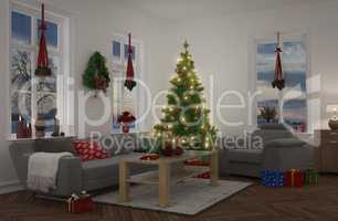 3d - apartment decorated for christmas - night