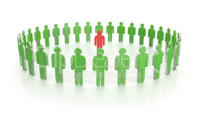 Circle of people in green with leader in red