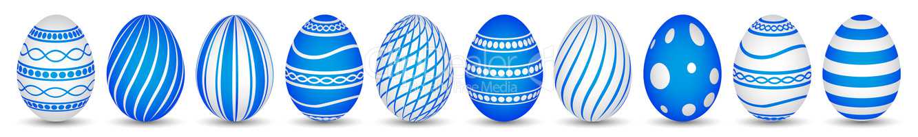 ten easter eggs in blue with texture