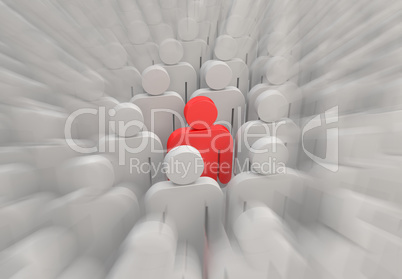 A red person in a crowd of people